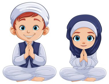 Kültürel giyinmiş iki çocuk saygıdeğer bir şekilde selamlıyorlar.