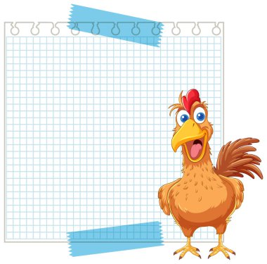 A happy cartoon chicken in front of a notepad clipart