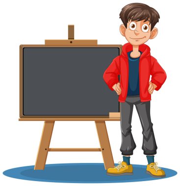 Çizgi filmci çocuk boş bir tahtanın yanında duruyor.