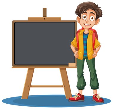 Boş bir tahtanın yanında duran neşeli çocuk.