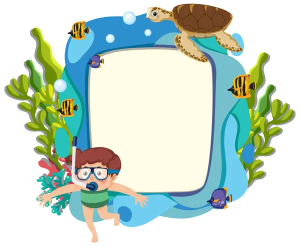 Cartoon Child Swimming Sea Creatures Plants — Stock Vector