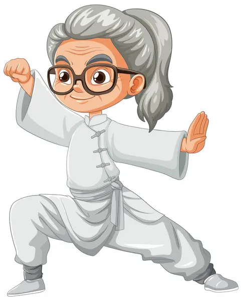 Cartoon Lively Elderly Woman Doing Kung — Stock Vector