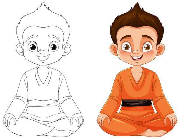 Colorful and line art illustrations of a cheerful boy
