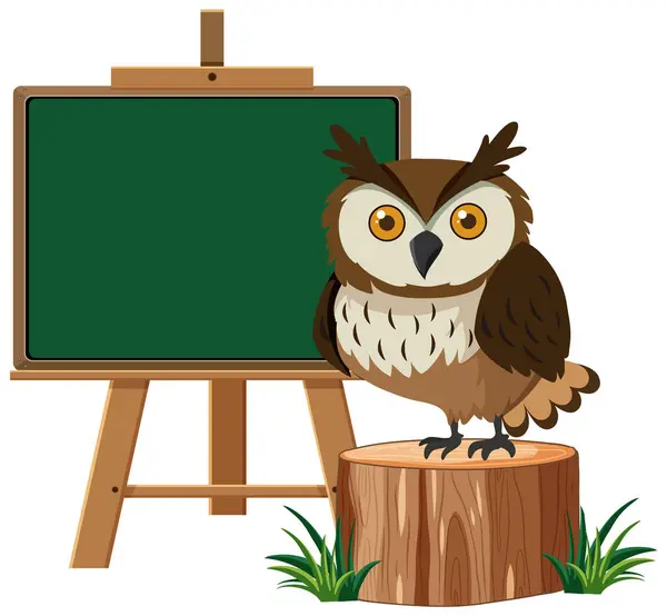 Cartoon Owl Perched Blank Chalkboard — Stock Vector