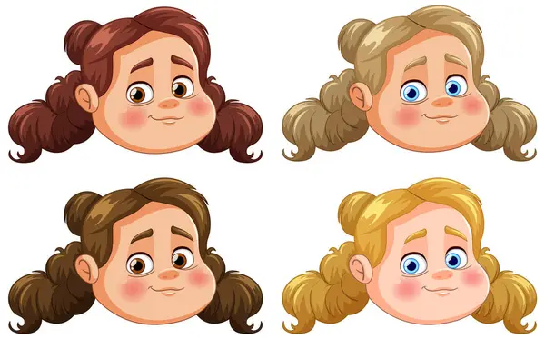 Four Vector Illustrations Smiling Young Girls — Stock Vector
