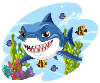 Neşeli çizgi film köpekbalığı tropikal balıklarla yüzüyor..