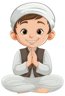 Çizgi film mutlu bir çocuk bağdaş kurup el ele oturuyor.