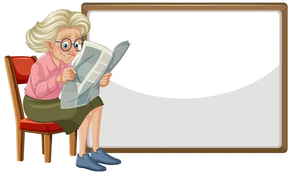 Cartoon Senior Woman Reading Paper Seated — Stock Vector