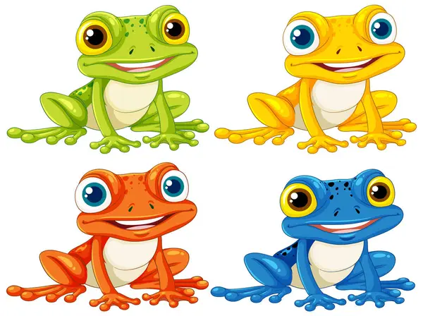 Four Vibrant Smiling Cartoon Frogs Different Colors — Stock Vector