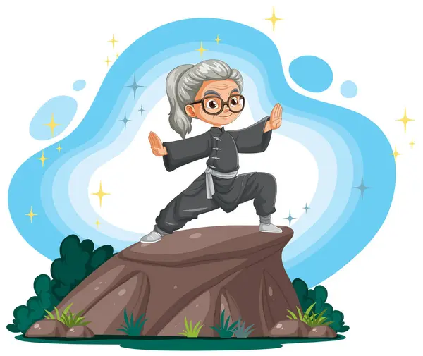 Animatie Bejaarde Vrouw Uitvoeren Tai Chi Een Rots — Stockvector