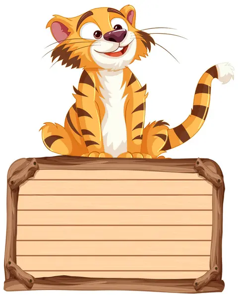 Caricatura Tigre Sonriente Sentado Detrás Letrero — Vector de stock