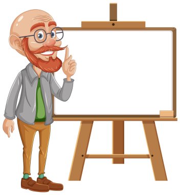 Çizgi film profesörü boş sunum tahtasını işaret ediyor.