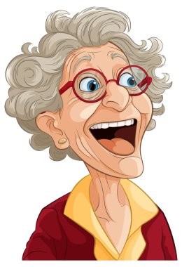 Vektör illüstrasyonunda gülümseyen neşeli yaşlı kadın.