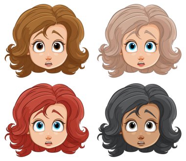 Farklı saç stilleri ve ifadeleri olan kadınların vektör çizimleri.