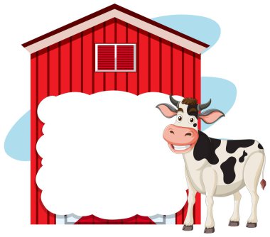 Çizgi film ineği ahırın yanında duruyor.