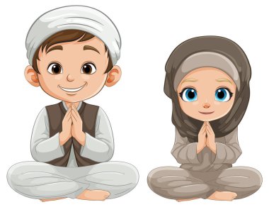Geleneksel kıyafet giymiş iki çocuğun resmi..
