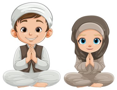 Illustration of two children in traditional attire greeting. clipart