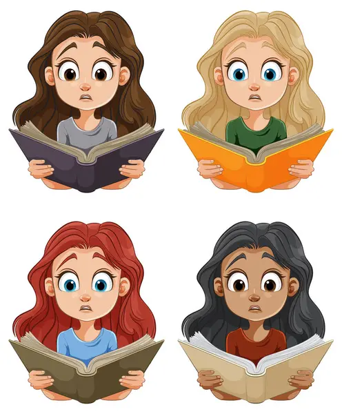 Four Cartoon Girls Different Hair Colors Reading — Stock Vector