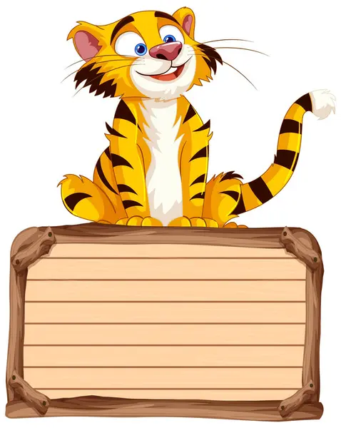 Animated Tiger Sitting Blank Signboard — Archivo Imágenes Vectoriales
