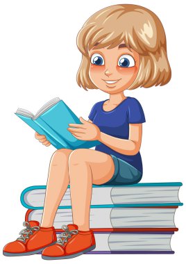 Kitap yığınının üzerinde kitap okuyan bir kızın karikatürü.
