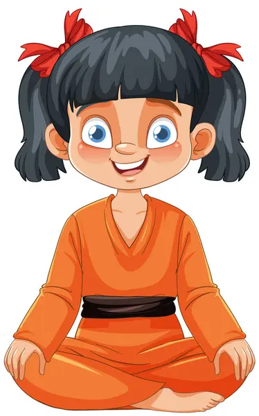 Cheerful Young Girl Orange Outfit Sitting Peacefully — Stock Vector