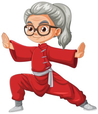 Tai Chi pozu vermiş son sınıf bir kadının karikatürü.