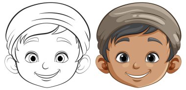 Farklı ten renkleri olan iki gülümseyen çizgi film çocuğu.