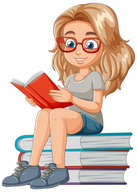 Kitap yığınının üzerinde kitap okuyan bir kızın karikatürü.