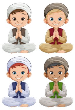 Dört animasyon çocuğu el ele bağdaş kurup oturuyor.