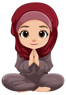Cartoon of a girl wearing hijab sitting peacefully clipart