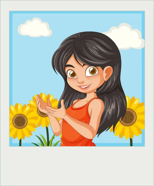 Vector Illustratie Van Een Meisje Tussen Felle Zonnebloemen — Stockvector