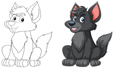 Renksiz ve renkli bir köpeğin vektör çizimi