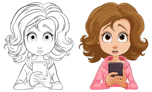 Menina Dos Desenhos Animados Com Telefone Expressando Choque Surpresa — Vetor de Stock