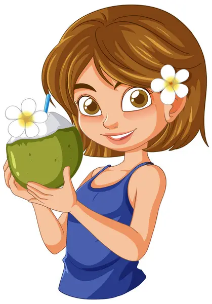 緑のココナッツドリンクを持っている陽気な若い女の子 — ストックベクタ