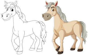 Renklendirmeden önce ve sonra atın vektör çizimi.