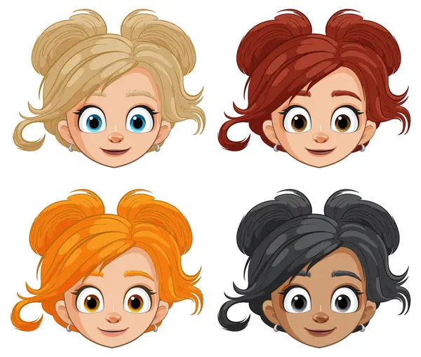 Four Cartoon Female Faces Different Hairstyles — Stock Vector