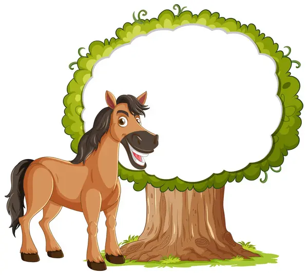 Cartoon Horse Smiling Large Green Tree — Stock Vector