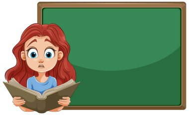 Kara tahtanın önünde kitap okuyan genç bir kız.