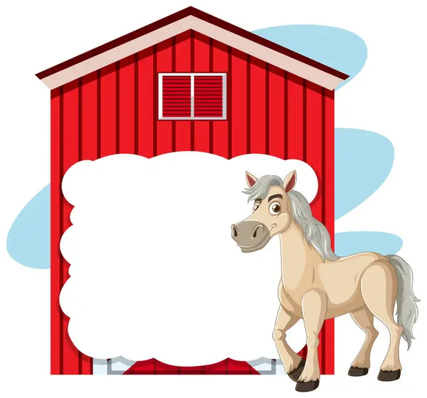 赤い納屋の隣に立っている漫画の馬 — ストックベクタ