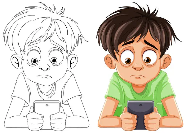 Two Boys Focused Intently Smartphones — Stock Vector