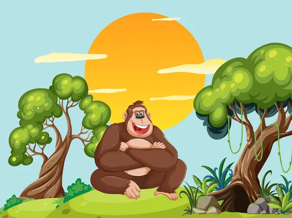 stock vector Cheerful gorilla sitting under trees with setting sun