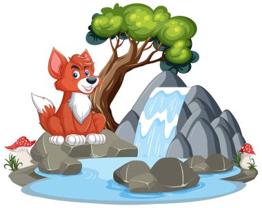 Küçük bir şelalenin yanında oturan mutlu bir tilki..