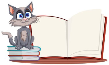 Sevimli kedi açık bir kitabın üzerinde oturuyor.