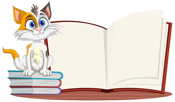 Entzückende Katze Sitzt Auf Büchern Neben Einem Offenen Buch — Stockvektor