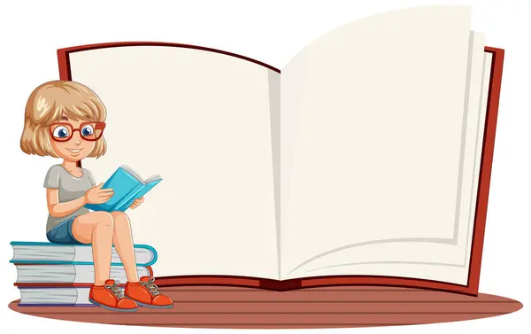 Cartoon Girl Reading Pile Books — Stock Vector