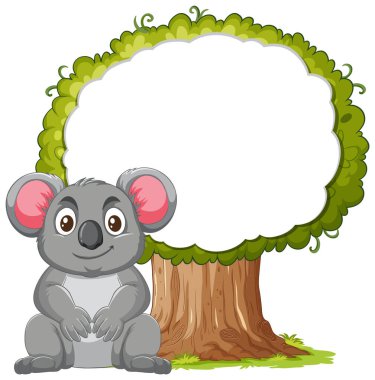 Şirin koala oturuyor, gür bir ağacın altında düşünüyor.