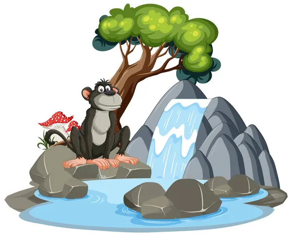 stock vector Cartoon monkey sitting by a waterfall and rocks