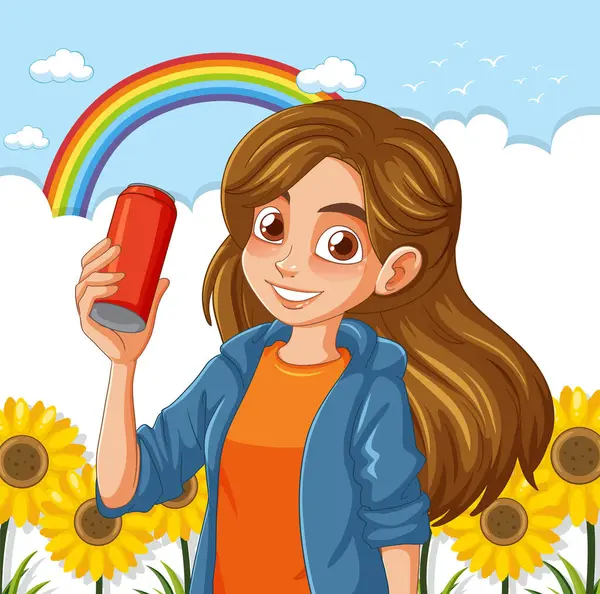 快乐的女孩拿着一个有彩虹背景的罐子 — 图库矢量图片