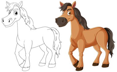 Çizgi sanatından renge bir atın dönüşümünü gösteren bir resim.