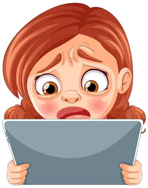Cartoon Girl Looking Anxious Holding Tablet — Stock Vector